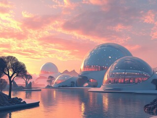 Obraz premium Futuristic Domed Structures at Sunset by Tranquil Water with Snowy Mountains in the Background