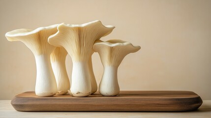 A group of king oyster mushrooms stands upright on a wooden cutting board against a light beige background