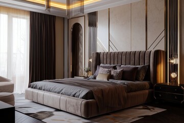 A modern, elegant bedroom featuring a plush bed and stylish decor.