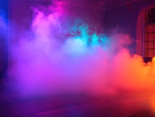 Vibrant Neon Smoke in Dark Room with Multicolored Lights - Abstract Background