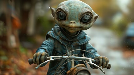 A young alien with big eyes has fun riding a brightly coloured bike