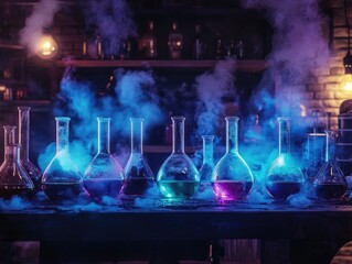 Colorful Smoke and Liquid in Laboratory Glassware with Eerie Lighting and Mysterious Atmosphere