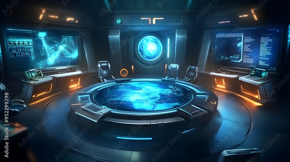 Poster futuristic sci fi space technology interface with holographic planet display