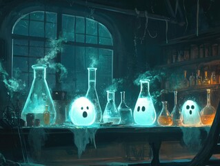 Halloween Witch's Laboratory: Glowing Potion Bottles with Animated Faces in Spooky Setting