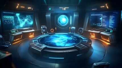 Futuristic Sci Fi Space Technology Interface with Holographic Planet Display