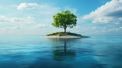 Isolated island in a tropical setting, featuring one tree and surrounded by serene blue waters, symbolizing peaceful solitude