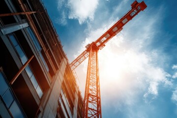 Fototapeta premium Modern building construction site, cane hoisting equipment between buildings under construction