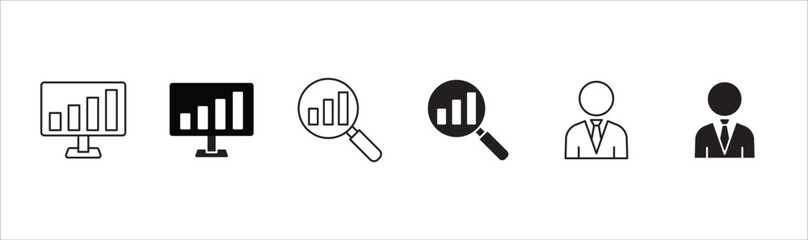 Business icon set. Contains icon or symbol of businessman, option, plan, strategy, profit, market research. Vector illustration in thin line and flat solid design.