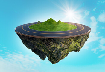 3D road and sky 3d floating road and land image manipulation design sunny sky highway concept speed tour and transport