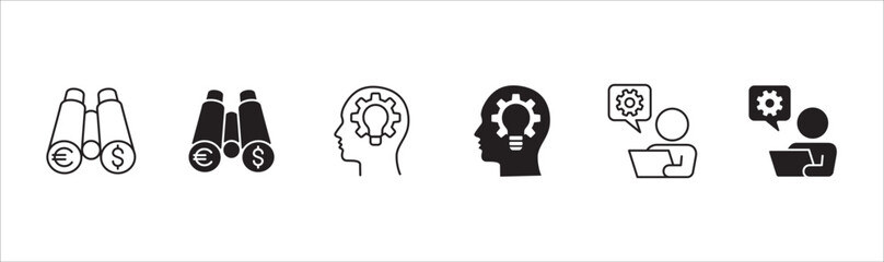 Business icon set. Contains icon or symbol of strategy, research, discussion, plan, idea, option, binocular, brain storming. Vector illustration in thin line and flat solid design.