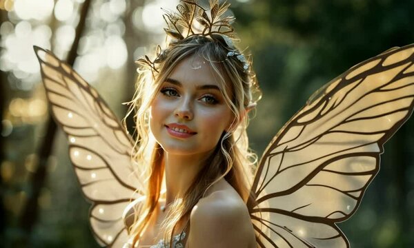 Beautiful fairy forest with wings looking to the camera