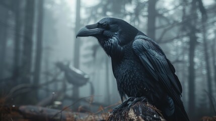 Fototapeta premium Black raven in a dark misty forest