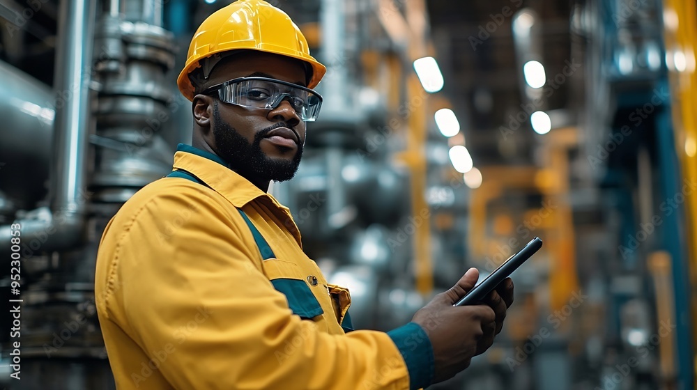 Poster Expert African Americans are skilled in factory maintenance engineers Mechanical engineering using a tablet to discuss the factorys black background mechanical work : Generative AI