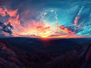 Stunning Sunset Landscape with Dramatic Cloudscape and Vibrant Colors Over Mountain Range