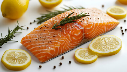 Fresh salmon fillet garnished with lemon slices and rosemary, perfect for culinary and healthy eating themes.