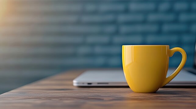 Yellow mug on wooden table with blurred background
