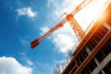 Fototapeta premium Modern building construction site, cane hoisting equipment between buildings under construction