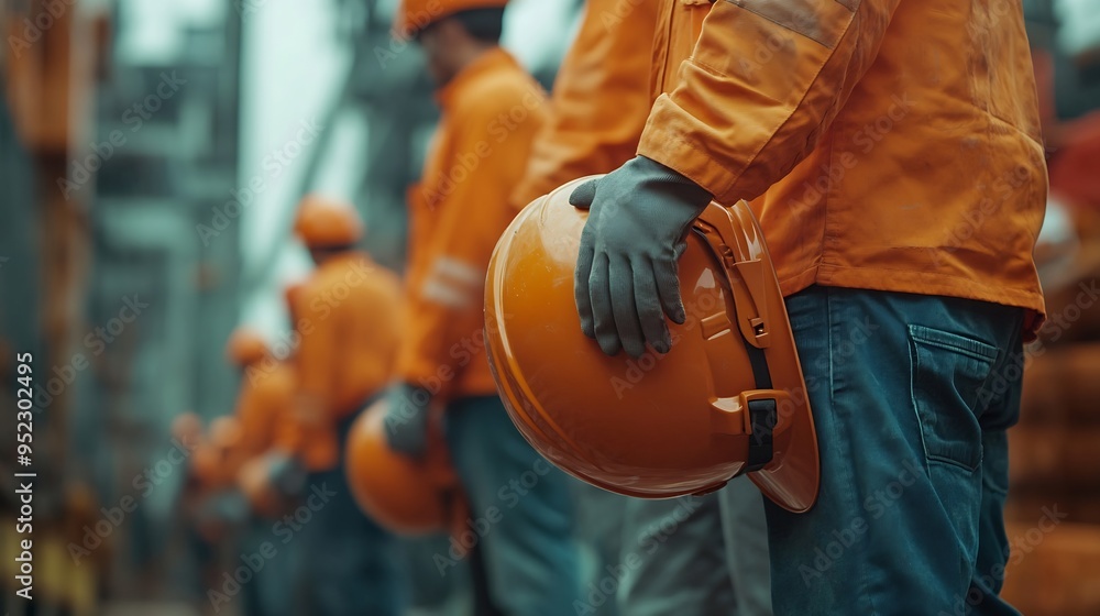 Aufkleber Team engineer holding helmet standing in row on site work banner cover design : Generative AI