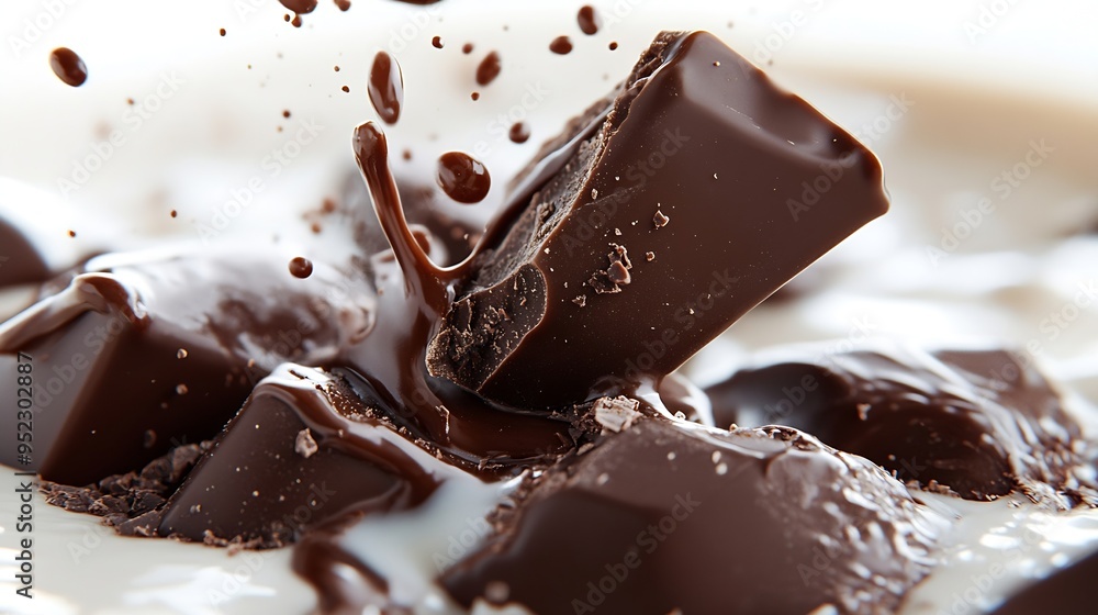 Poster chocolates in milk splash isolated on white background : generative ai