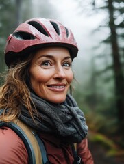 Active smiling woman wearing a pink helmet outdoors