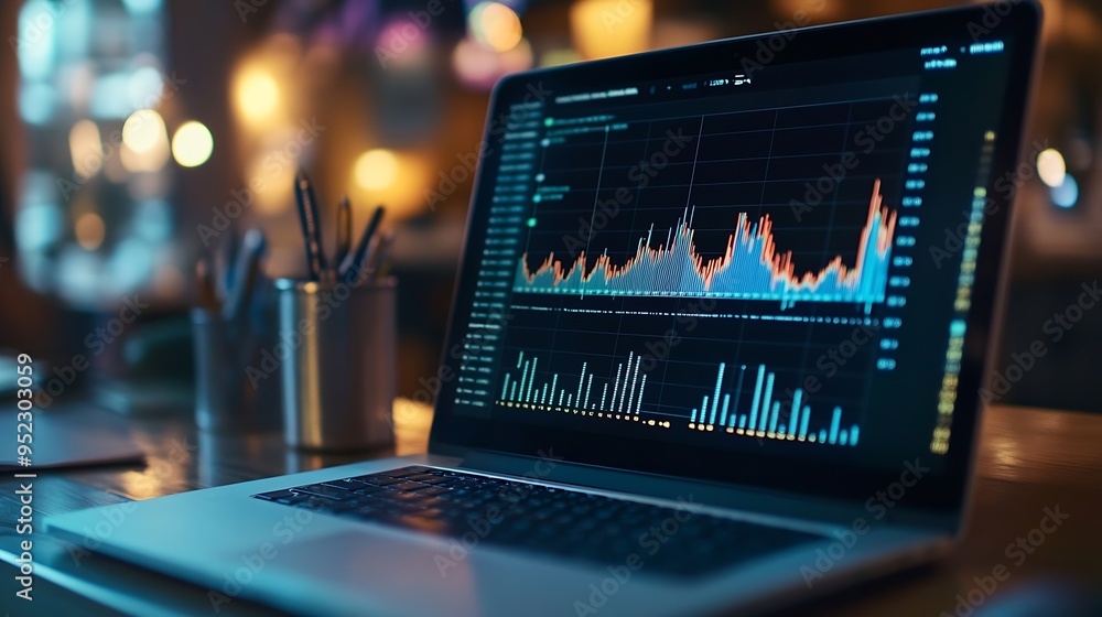 Poster vertical images charts and income graphs using a laptop computer business analysis and strategy conc