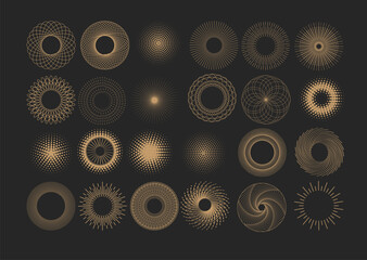Pattern Art Deco. Line circles. Round ornament. Logo design. Abstract geometric frame. Gold concentric sign. Decor background. Sun illusion. Dotted halftone. Modern geometry elements. Vector icons set