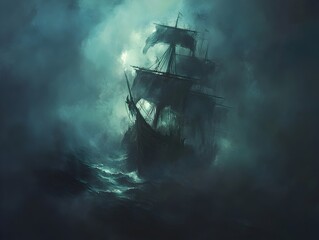 Ghostly Galleon Adrift in the Stormy Seas of Darkness and Mystery