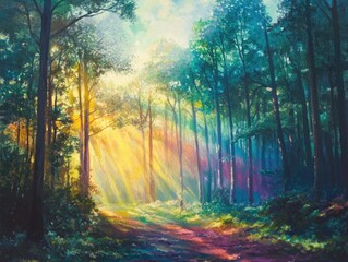 Fototapeta premium Sunlit Forest Path: Capturing Nature's Tranquil Morning Glow in a Vibrant Woodland Scene