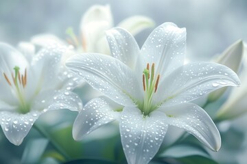 Fototapeta premium Enchanting White Lilies with Gentle Raindrops against Blurred Background