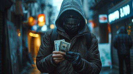 Criminal wearing a mask carefully lifting a bill from an open wallet in a dark alley