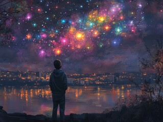 Fototapeta premium Dreamy Night Sky: Vibrant Stars and A Boy's Contemplation by the Water