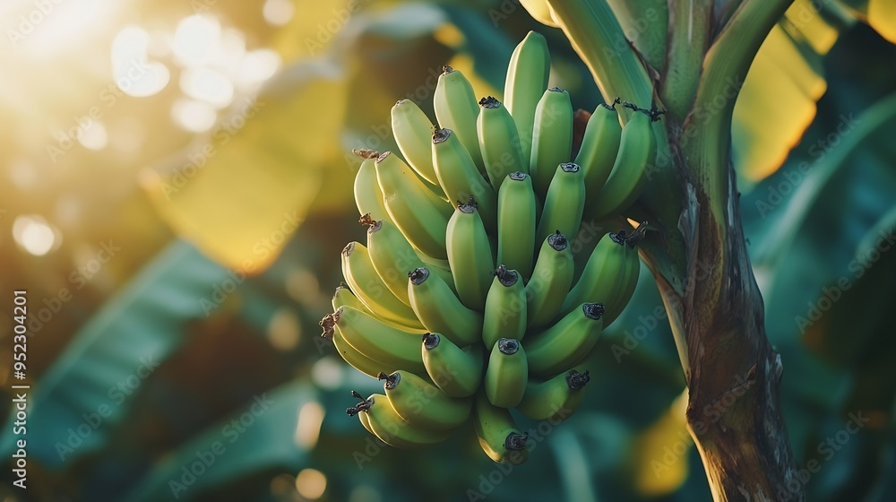 Poster a bunch of green bananas on tree : generative ai
