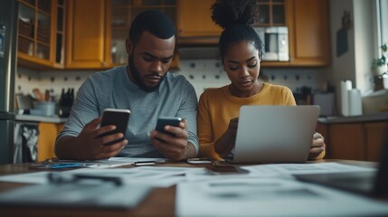 Obraz premium Focused couple sits together at their kitchen table analyzing financial documents and using a laptop and smartphone to plan their budget : Generative AI