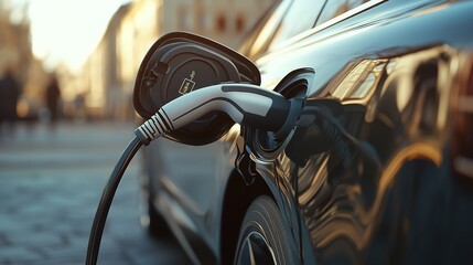 Closeup of an electric car charging with a focus on the charging connector and battery status