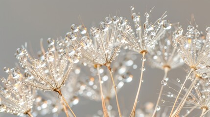 A close-up of dewdrops on dandelion seeds
