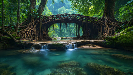 Serene forest scene featuring a natural bridge, lush greenery, and gentle waterfalls, creating a tranquil atmosphere for relaxation.