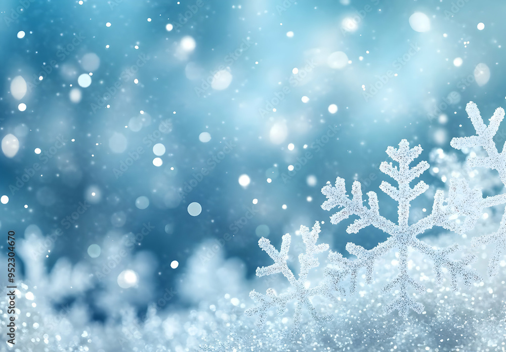 Poster beautiful snowfall background with delicate snowflakes shimmering in soft blue light, creating a ser