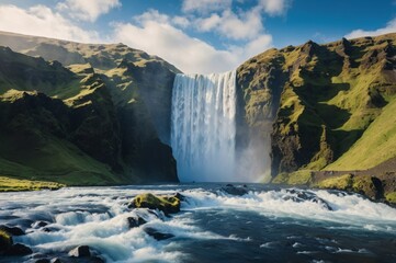 Powerful waterfall in lush icelandic landscape
