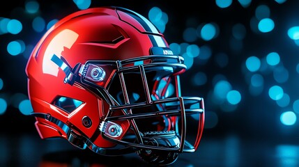 Fototapeta premium A vibrant red football helmet with modern design, highlighted against a blurred blue background, ideal for sports imagery.