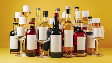 A variety of alcoholic drinks on yellow background