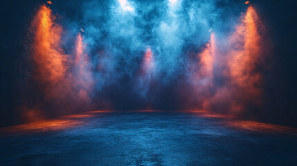 Obraz premium A dark street with abstract asphalt background, empty scene with neon lights and spotlights, creating a mysterious and moody urban atmosphere.