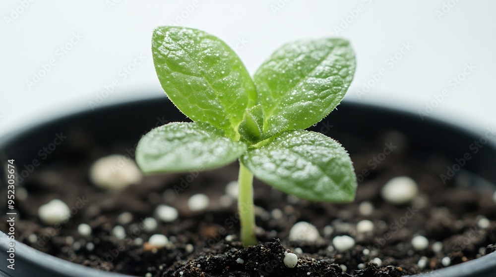 Poster young seedlings of cucumber in pot isolated on a white background green seedling of fresh cucumber p