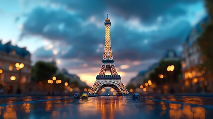 A stunning close-up of a replica Eiffel Tower illuminated against a vibrant Parisian backdrop during twilight.