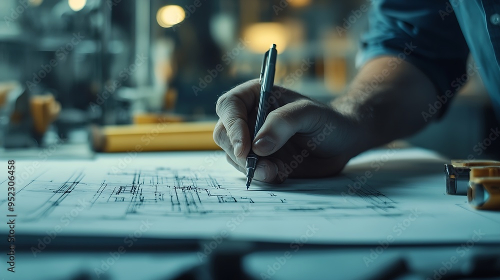 Fototapete construction team blueprint and site building job for architect builder and engineer sketching a con