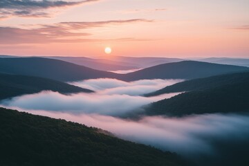 Breathtaking Landscape Sun Rising Misty Mountain. Fog Cascading Down Slopes. Dawn Ethereal Beauty. Soft Pastel Colors.