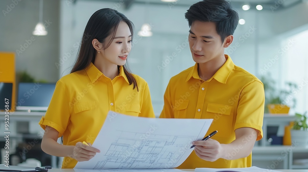 Aufkleber two asian professional engineers are discussing construction blueprints wearing yellow shirts doing 