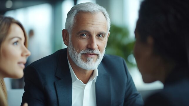 Busy diverse professional business team having discussion at office meeting Financial advisors or managers consulting senior business man investor talking sitting at conference table V : Generative AI