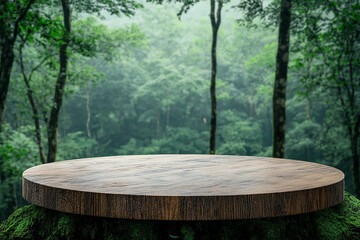 wood podium in beautiful forest with trees and many green plants for product presentation generated by AI