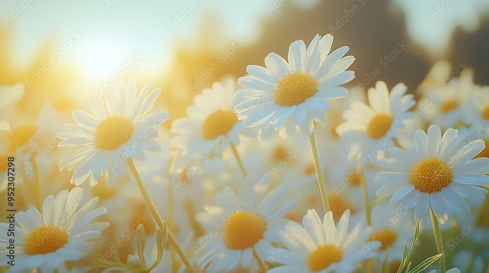 Poster chamomile flowers swaying in the wind in summer day gorgeous summer field with daisies macro view : 