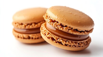 Fototapeta premium Macro photo of french caramel macaroon isolated on white background : Generative AI